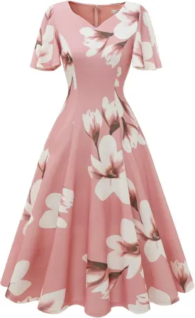 HomRain Wedding Guest Dresses for Women Vintage Short Sleeves Casual Fit and Flare Cocktail Formal Dress for Tea Party