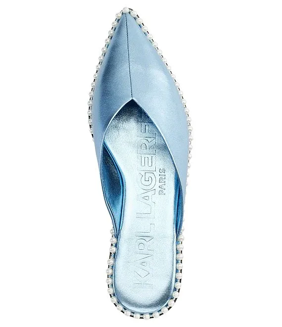 KARL LAGERFELD PARIS VYRA METALLIC PEARL CHAIN LEATHER MULES