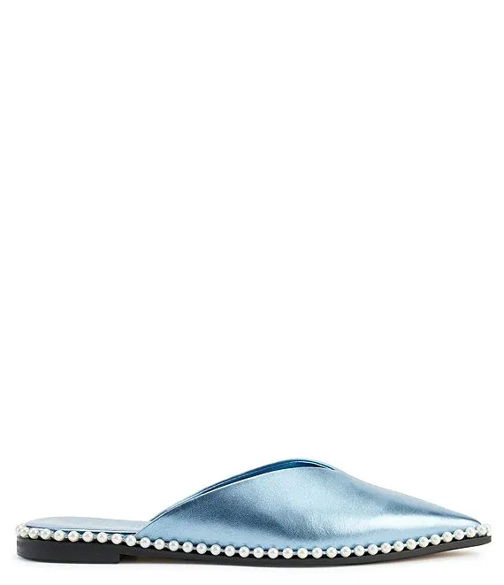 KARL LAGERFELD PARIS VYRA METALLIC PEARL CHAIN LEATHER MULES