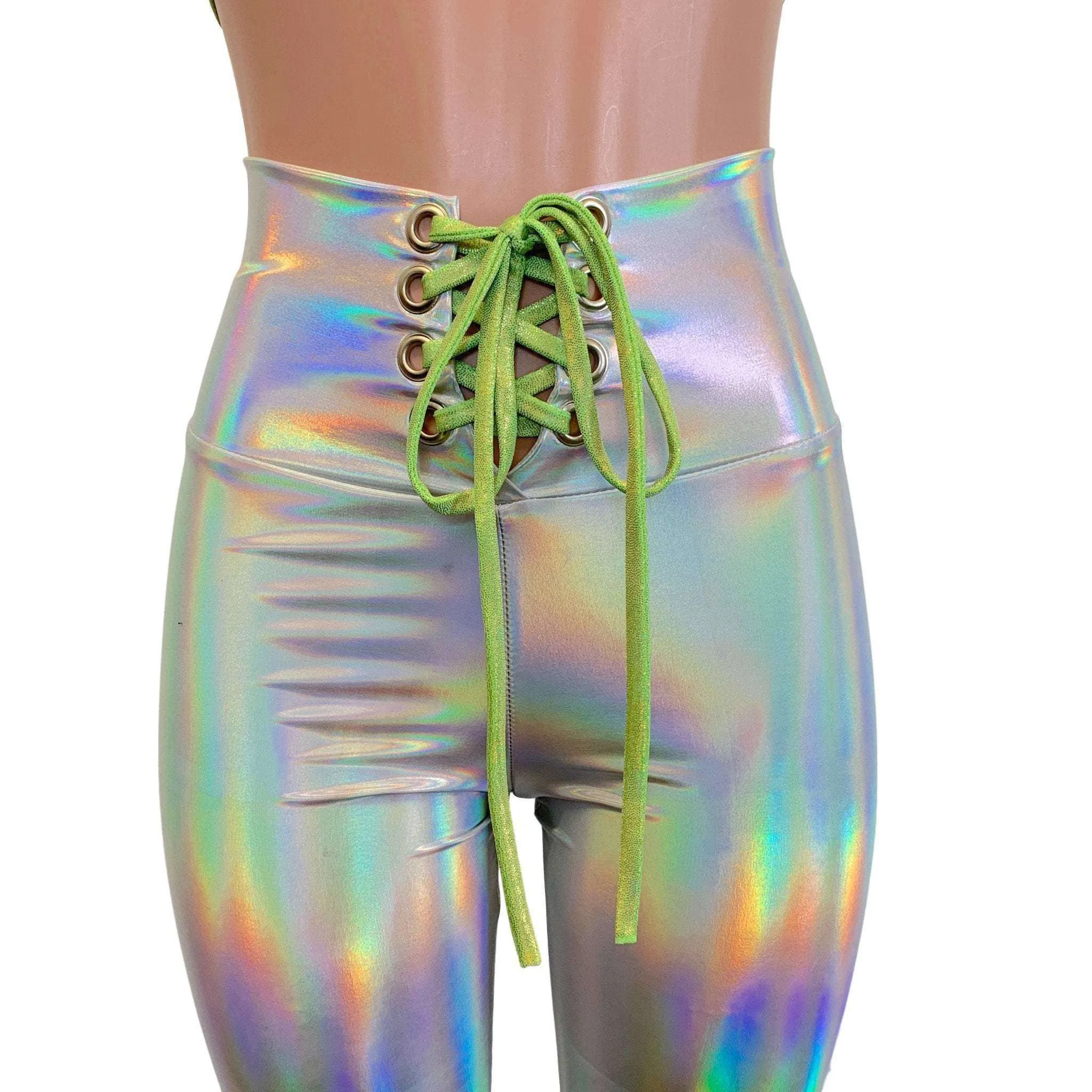 Lace-Up High Waist Leggings - Opal Holographic Iridescent