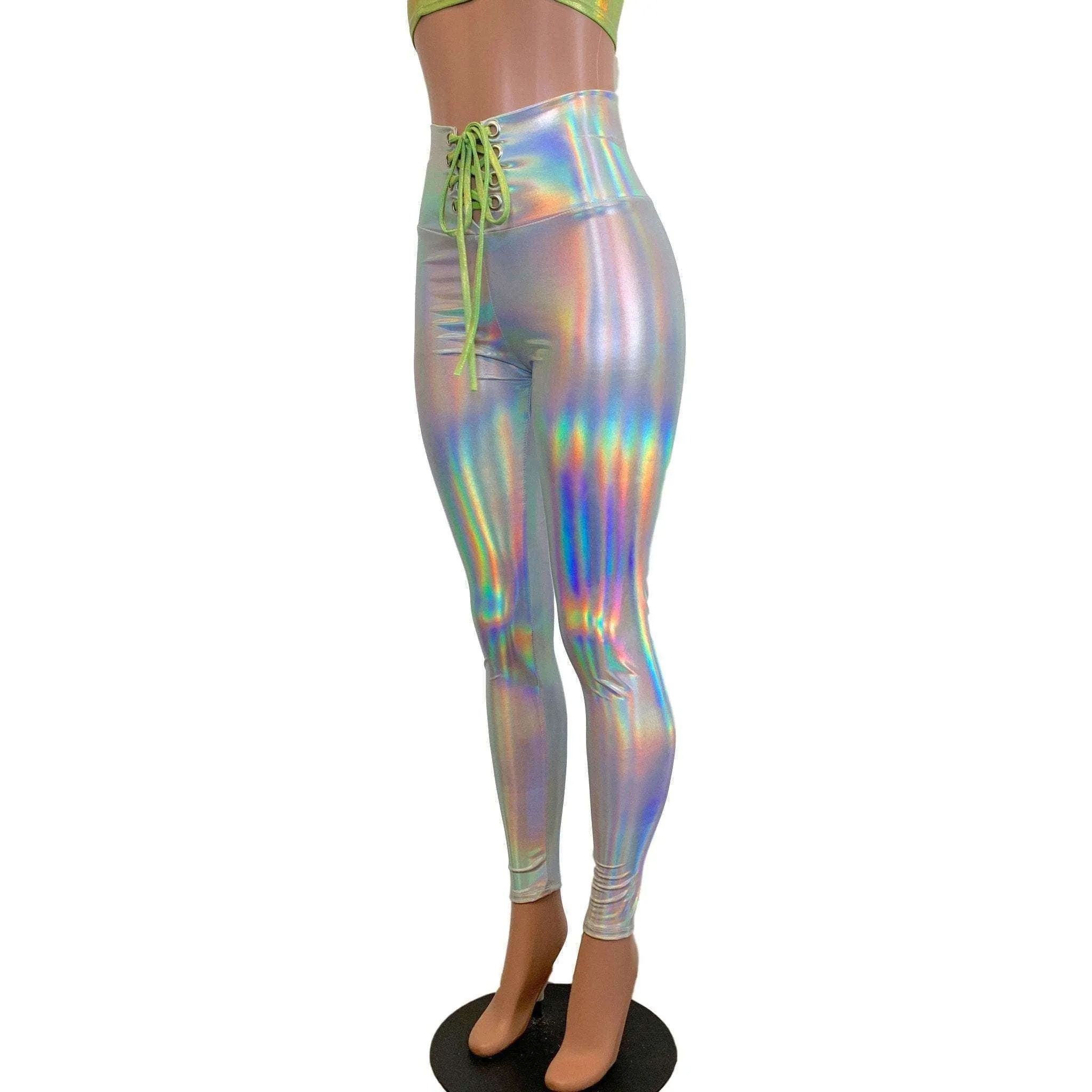 Lace-Up High Waist Leggings - Opal Holographic Iridescent