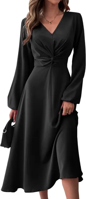 LalaLin Long Sleeve Wedding Guest Dress for Women V-Neck Twist Waist Cocktail Party Maxi Dresses