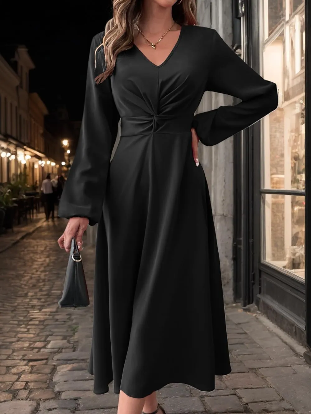 LalaLin Long Sleeve Wedding Guest Dress for Women V-Neck Twist Waist Cocktail Party Maxi Dresses
