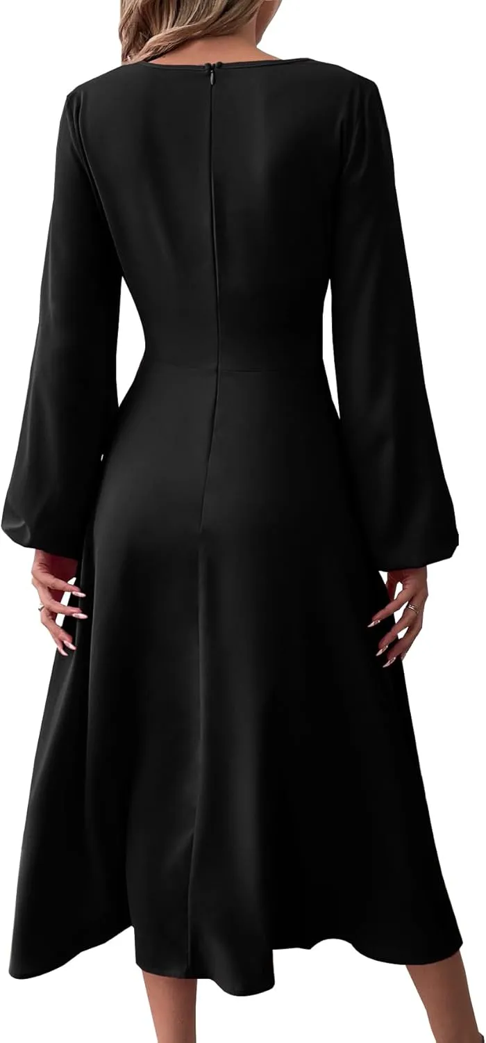 LalaLin Long Sleeve Wedding Guest Dress for Women V-Neck Twist Waist Cocktail Party Maxi Dresses