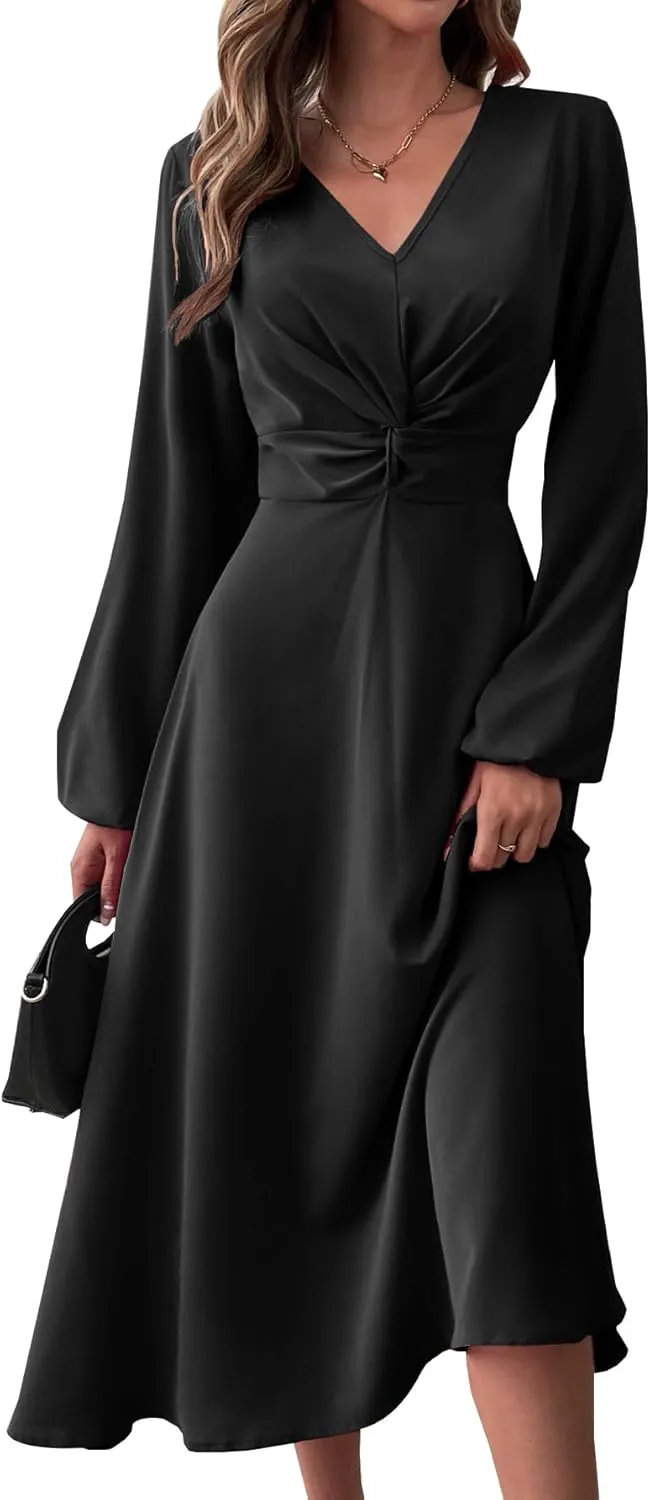 LalaLin Long Sleeve Wedding Guest Dress for Women V-Neck Twist Waist Cocktail Party Maxi Dresses