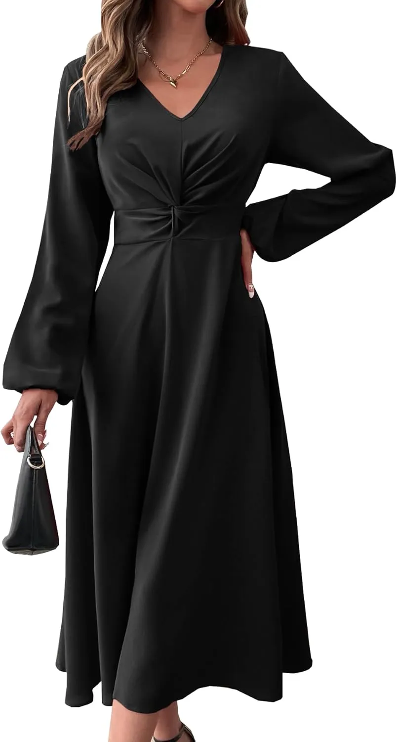 LalaLin Long Sleeve Wedding Guest Dress for Women V-Neck Twist Waist Cocktail Party Maxi Dresses