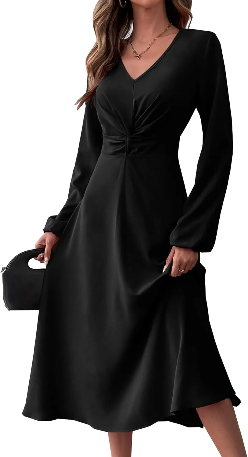 LalaLin Long Sleeve Wedding Guest Dress for Women V-Neck Twist Waist Cocktail Party Maxi Dresses