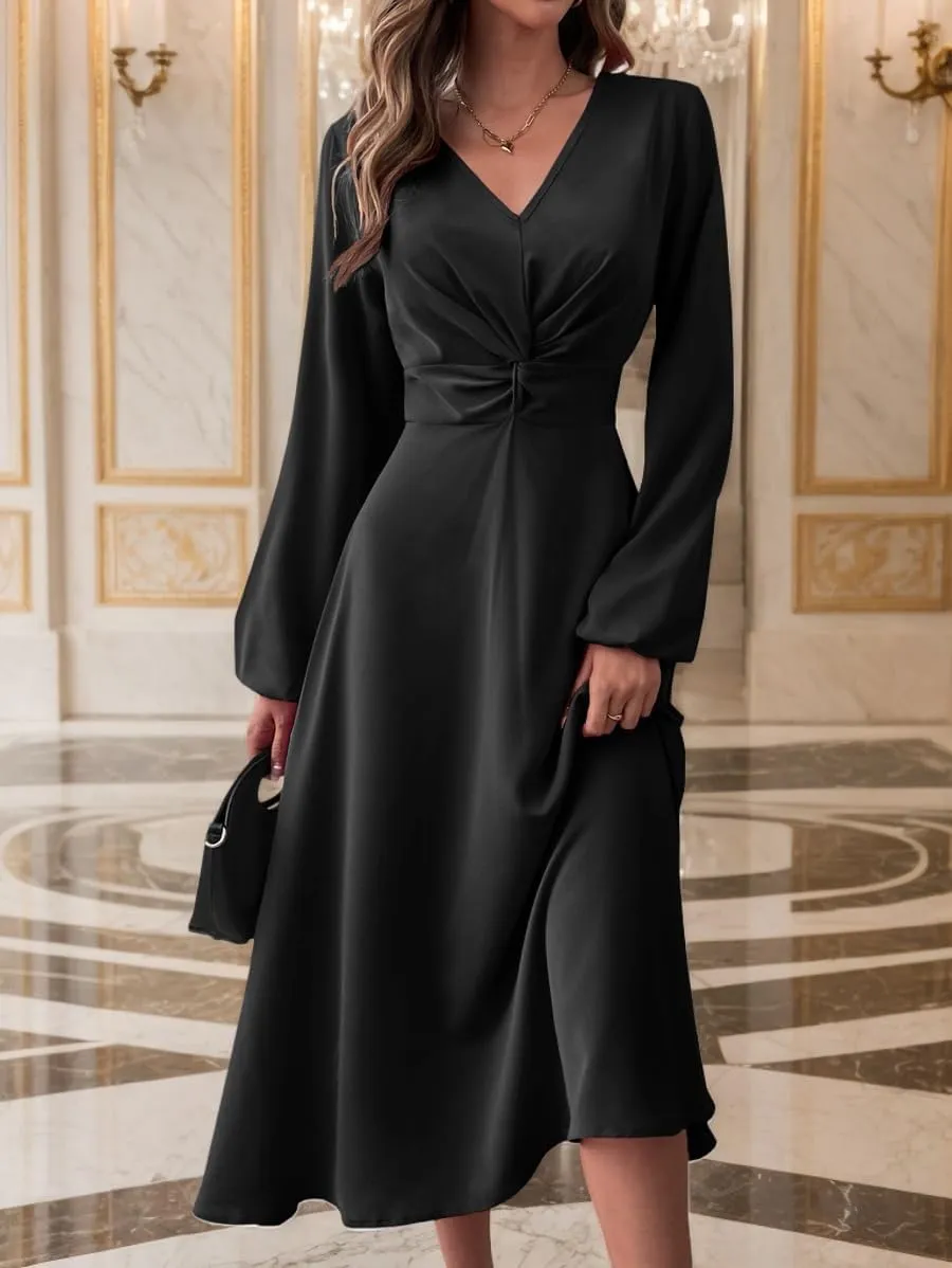 LalaLin Long Sleeve Wedding Guest Dress for Women V-Neck Twist Waist Cocktail Party Maxi Dresses