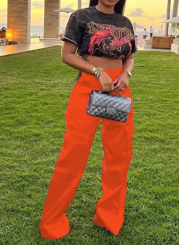 LROSEY Womens High Waisted Cargo Pants with Pockets Y2k Neon Wide Leg Cargo Parachute Pants Trendy Straight Trousers