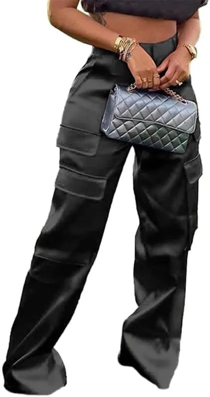 LROSEY Womens High Waisted Cargo Pants with Pockets Y2k Neon Wide Leg Cargo Parachute Pants Trendy Straight Trousers