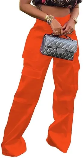 LROSEY Womens High Waisted Cargo Pants with Pockets Y2k Neon Wide Leg Cargo Parachute Pants Trendy Straight Trousers