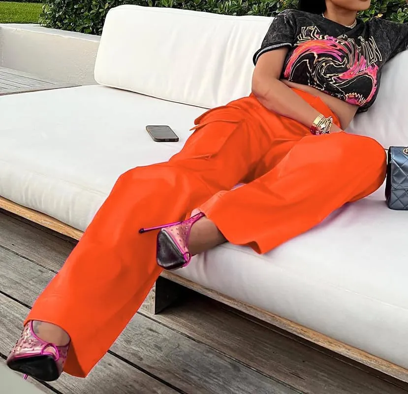LROSEY Womens High Waisted Cargo Pants with Pockets Y2k Neon Wide Leg Cargo Parachute Pants Trendy Straight Trousers