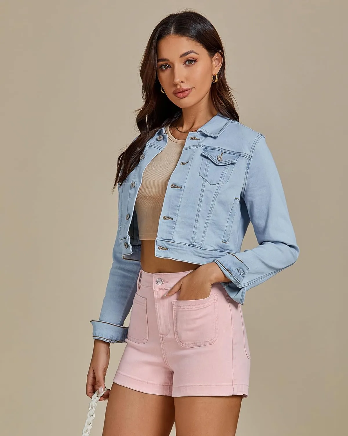 luvamia Jean Shorts for Women High Waisted Trendy Flat Pockets Cutoff Stretchy Denim Shorts Casual Summer