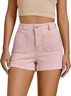 luvamia Jean Shorts for Women High Waisted Trendy Flat Pockets Cutoff Stretchy Denim Shorts Casual Summer