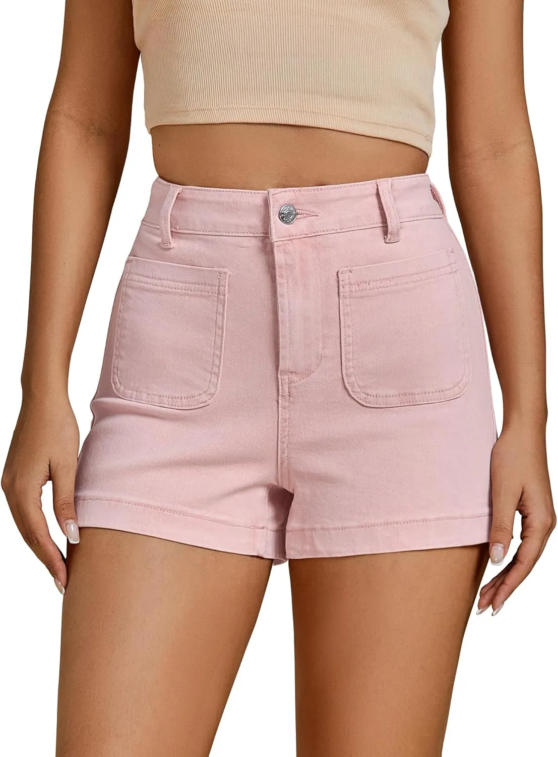 luvamia Jean Shorts for Women High Waisted Trendy Flat Pockets Cutoff Stretchy Denim Shorts Casual Summer