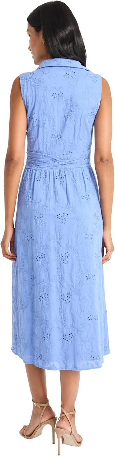 Maggy London Women's Sleeveless Eyelet Midi Wrap Bodice and Collared V-Neck-Embroidered Voile Summer Wedding Guest Dress