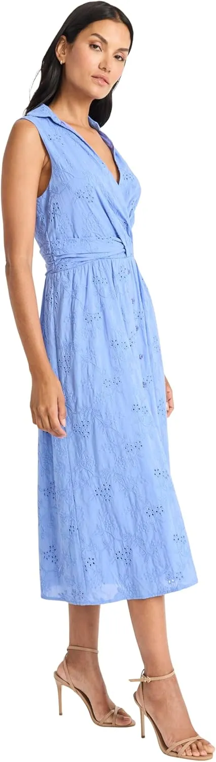 Maggy London Women's Sleeveless Eyelet Midi Wrap Bodice and Collared V-Neck-Embroidered Voile Summer Wedding Guest Dress