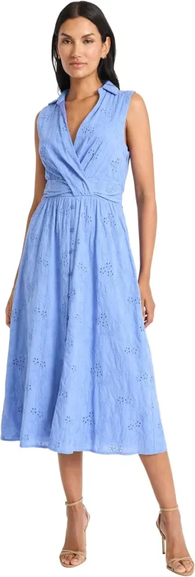 Maggy London Women's Sleeveless Eyelet Midi Wrap Bodice and Collared V-Neck-Embroidered Voile Summer Wedding Guest Dress