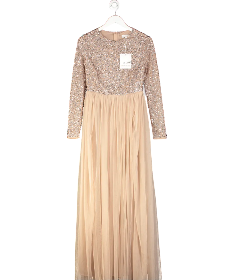 Maya Deluxe Pink Maya Embellished Long Sleeve Maxi Dress UK 10