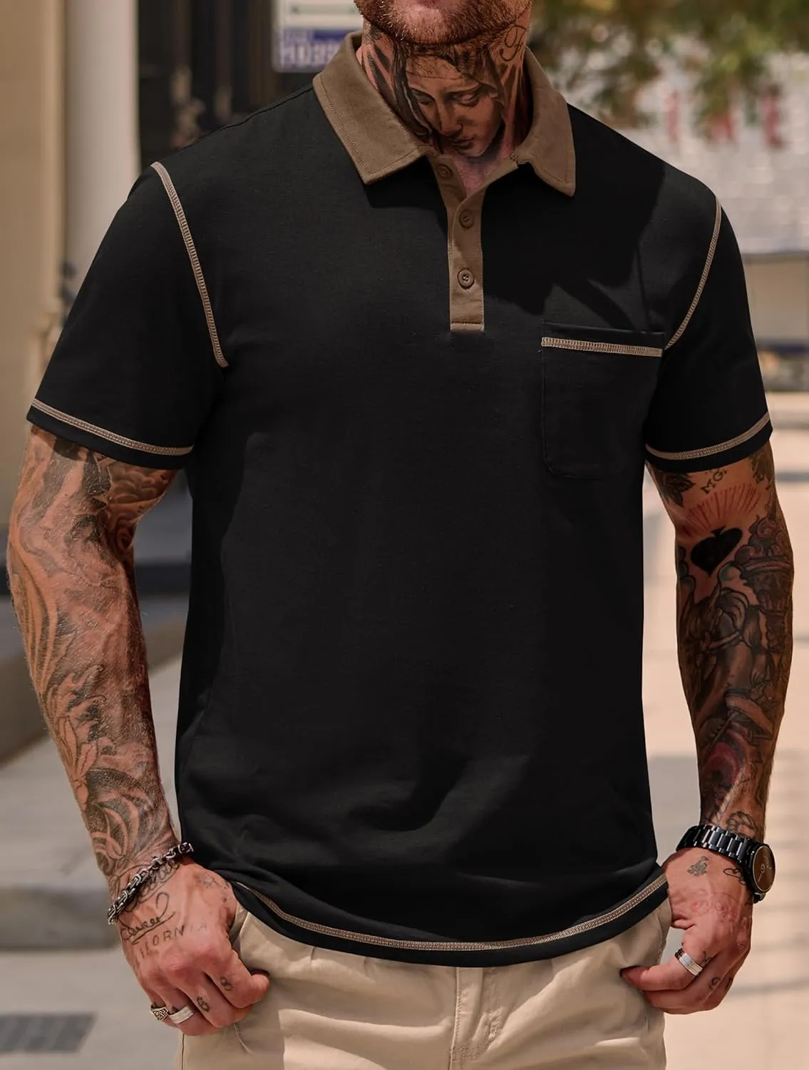 Mens Polo Shirts Casual Color Block Collar Short Sleeve Shirt with Pocket (S-XXL)