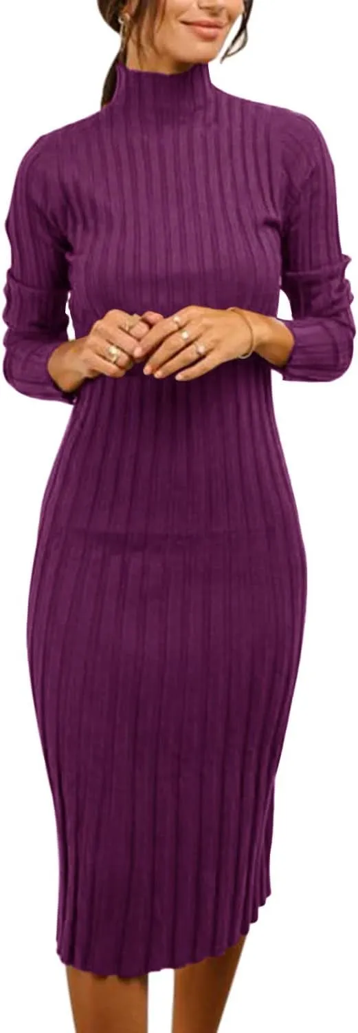 MEROKEETY Women's 2024 Ribbed Long Sleeve Sweater Dress High Neck Slim Fit Knitted Midi Dress