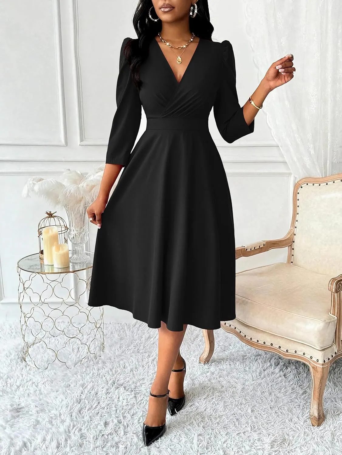 Nmoder Women Casual Midi Semi Formal Fit and Flare 3/4 Sleeve A-line Dress for Church Work Wedding Guest Cocktail Dresses