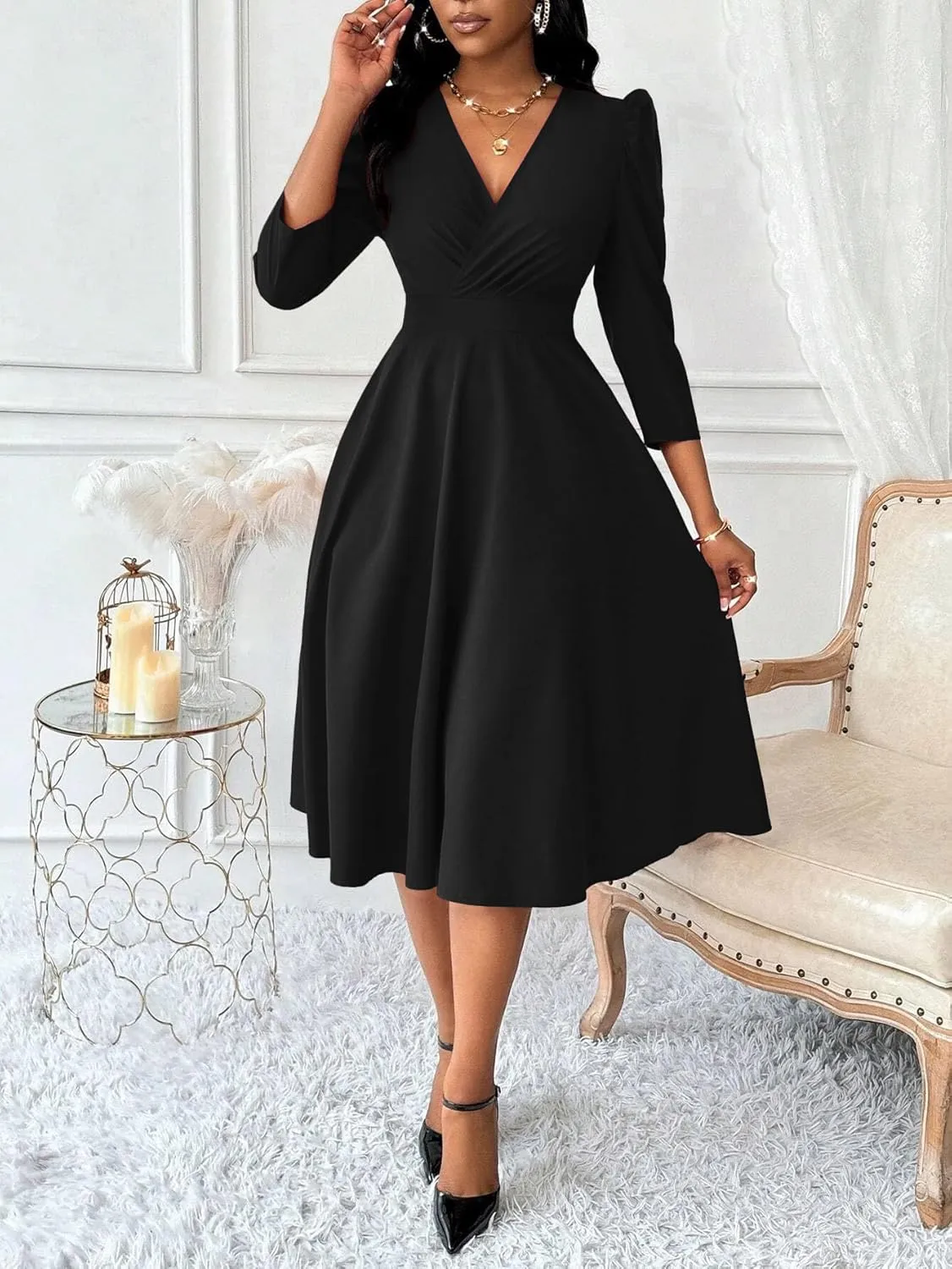 Nmoder Women Casual Midi Semi Formal Fit and Flare 3/4 Sleeve A-line Dress for Church Work Wedding Guest Cocktail Dresses