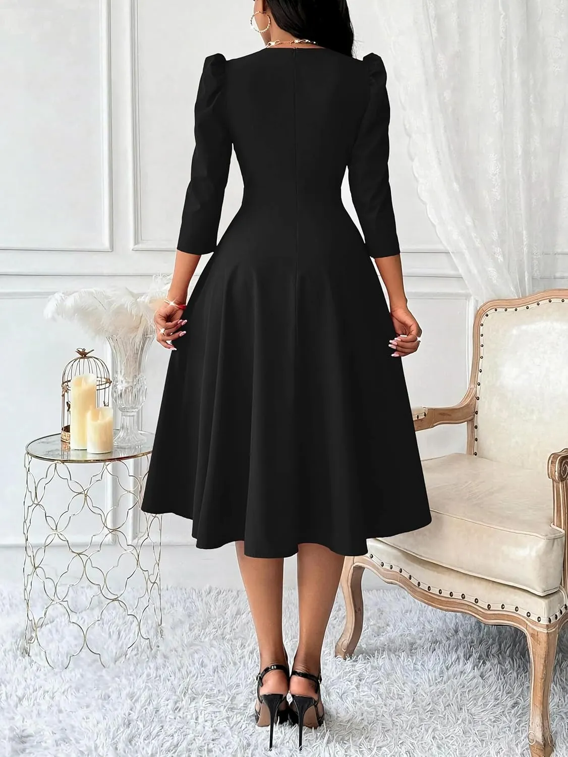 Nmoder Women Casual Midi Semi Formal Fit and Flare 3/4 Sleeve A-line Dress for Church Work Wedding Guest Cocktail Dresses