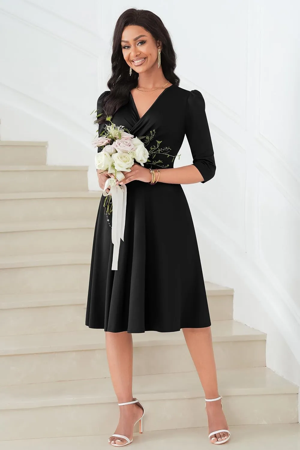Nmoder Women Casual Midi Semi Formal Fit and Flare 3/4 Sleeve A-line Dress for Church Work Wedding Guest Cocktail Dresses