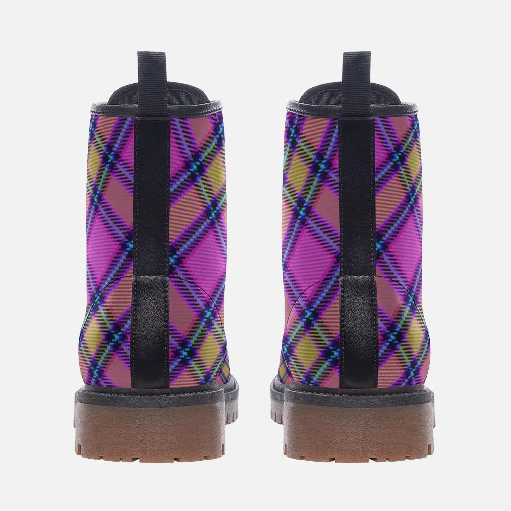 Pink Blue Yellow Tartan Combat Boots