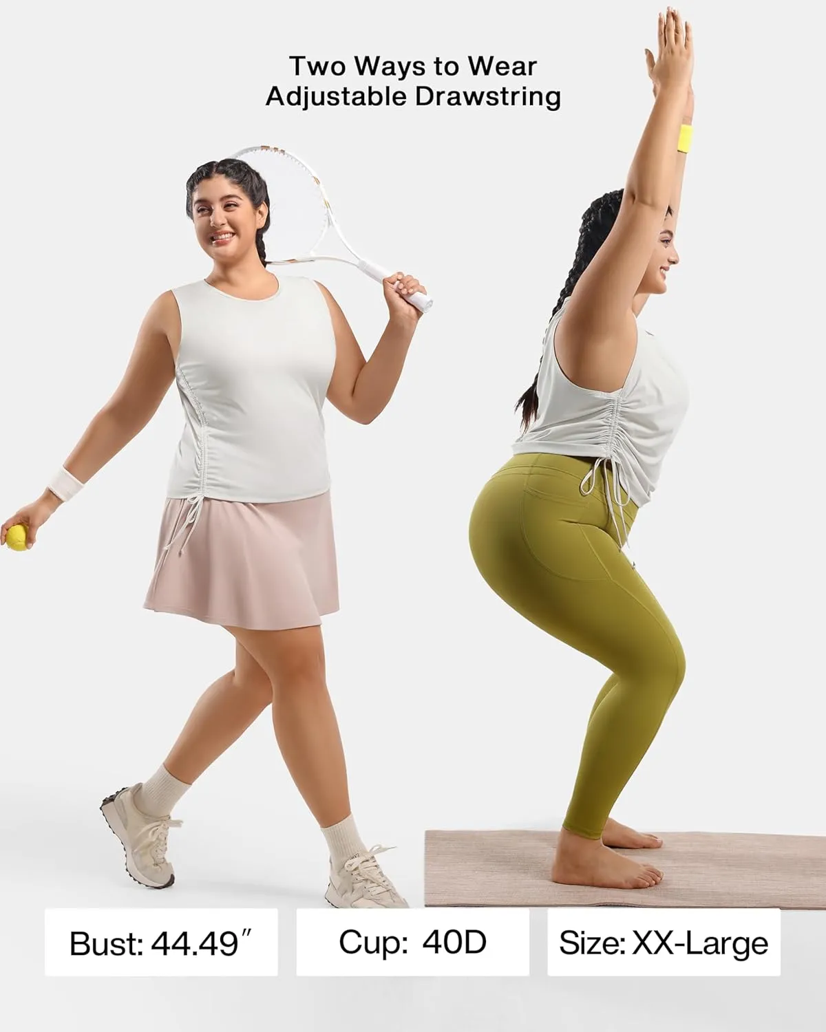 Plus Size Tank Tops for Women Drawstring Sleeveless Quick Drying Tennis Shirts Loose Fit Running Golf Pickleball Outfits