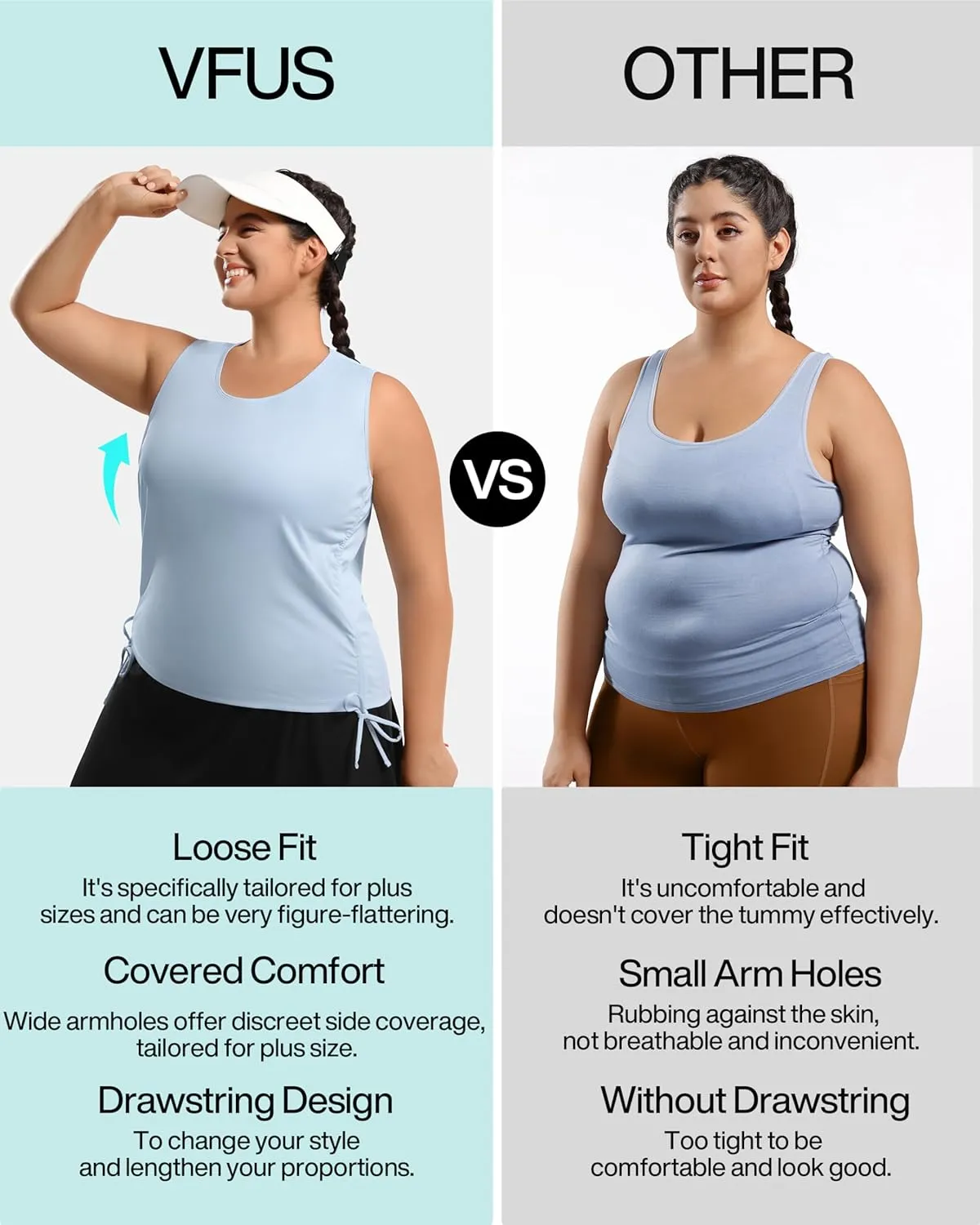 Plus Size Tank Tops for Women Drawstring Sleeveless Quick Drying Tennis Shirts Loose Fit Running Golf Pickleball Outfits