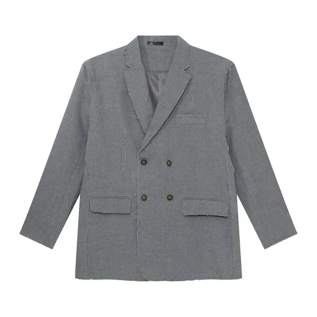 Raw Edge Double Breasted Solid Blazer