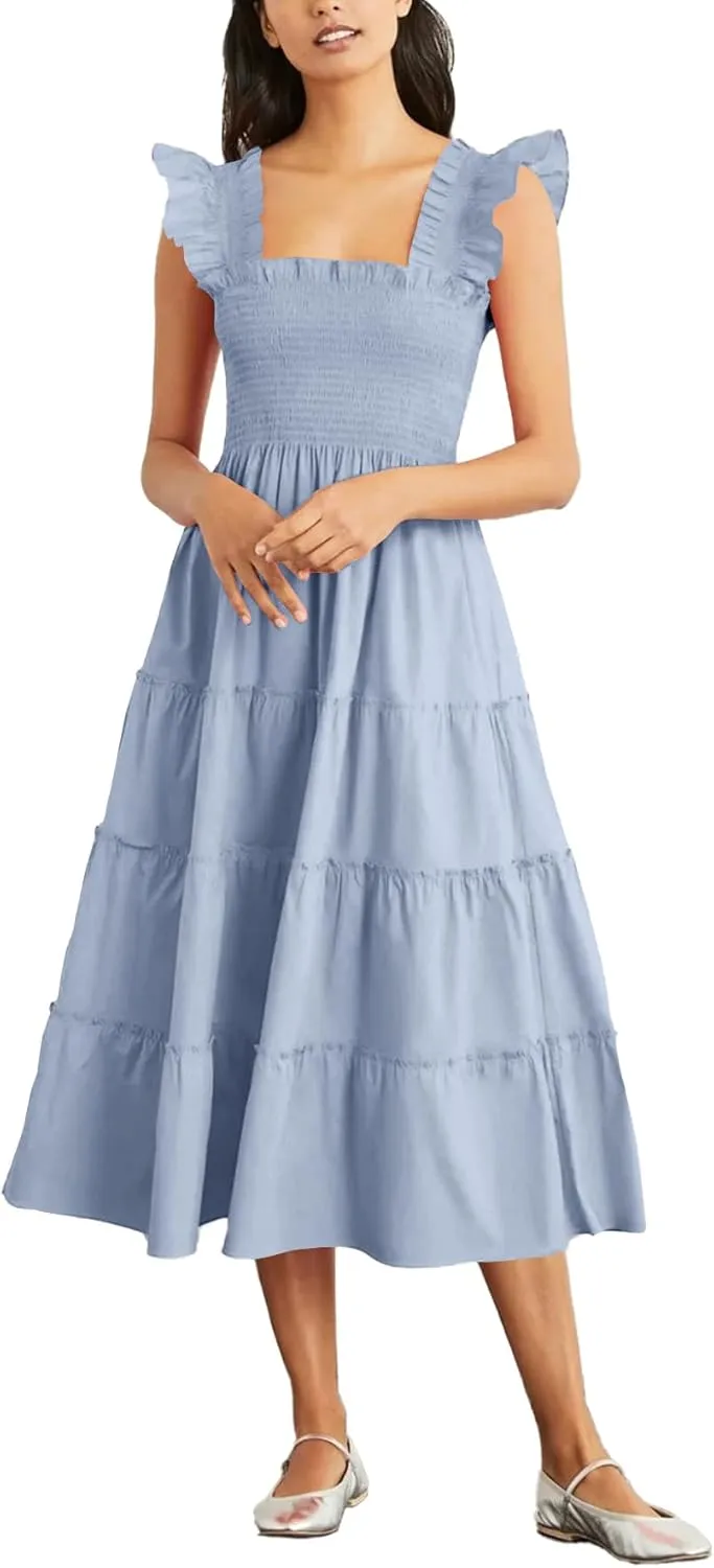 Rooscier Women's Square Neck Smocked Ruffle Sleeveless Sundress Tiered A Line Midi Dress