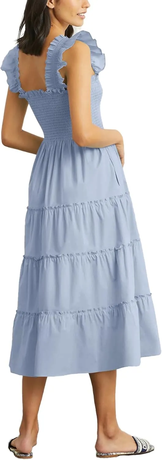 Rooscier Women's Square Neck Smocked Ruffle Sleeveless Sundress Tiered A Line Midi Dress
