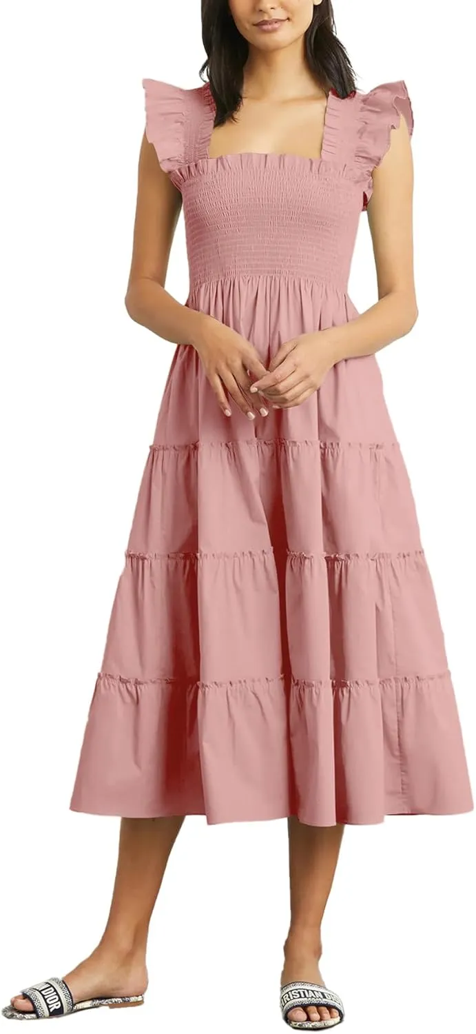 Rooscier Women's Square Neck Smocked Ruffle Sleeveless Sundress Tiered A Line Midi Dress