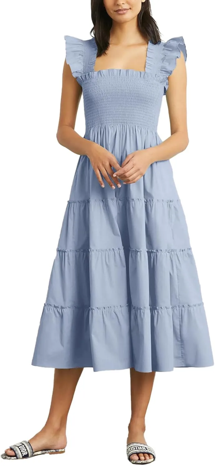 Rooscier Women's Square Neck Smocked Ruffle Sleeveless Sundress Tiered A Line Midi Dress