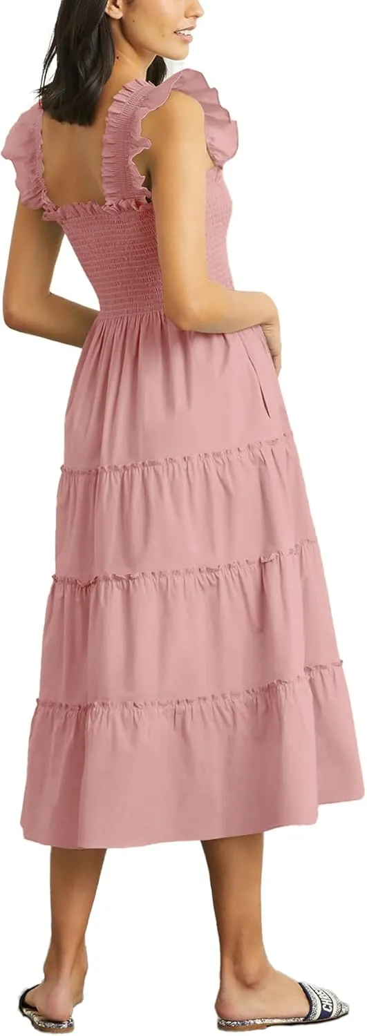 Rooscier Women's Square Neck Smocked Ruffle Sleeveless Sundress Tiered A Line Midi Dress
