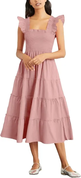Rooscier Women's Square Neck Smocked Ruffle Sleeveless Sundress Tiered A Line Midi Dress