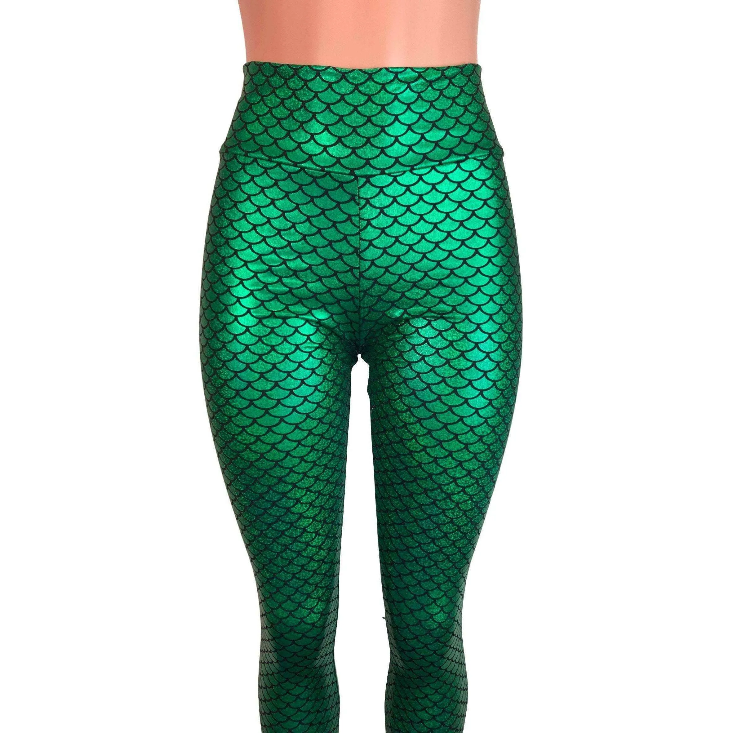 SALE - LARGE - Green Mermaid Scale Holographic High Waisted Leggings Pants