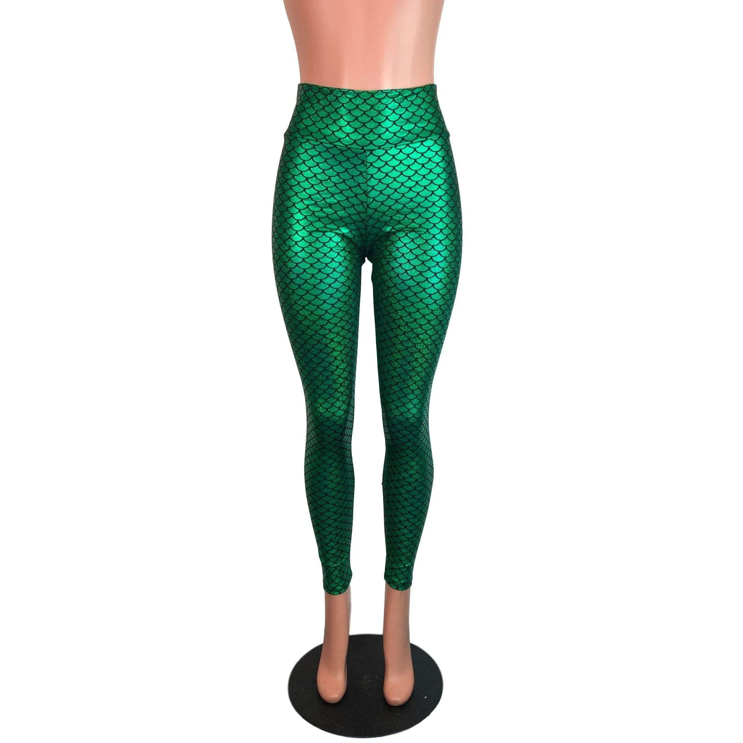 SALE - LARGE - Green Mermaid Scale Holographic High Waisted Leggings Pants