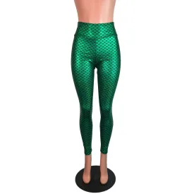 SALE - LARGE - Green Mermaid Scale Holographic High Waisted Leggings Pants