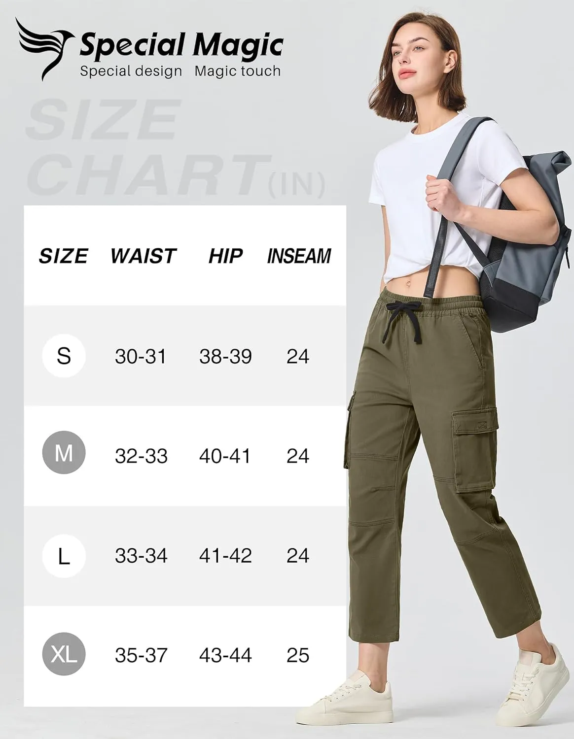 SPECIALMAGIC Capri Pants for Women Hiking Cargo Pockets Casual Travel Cropped Cotton