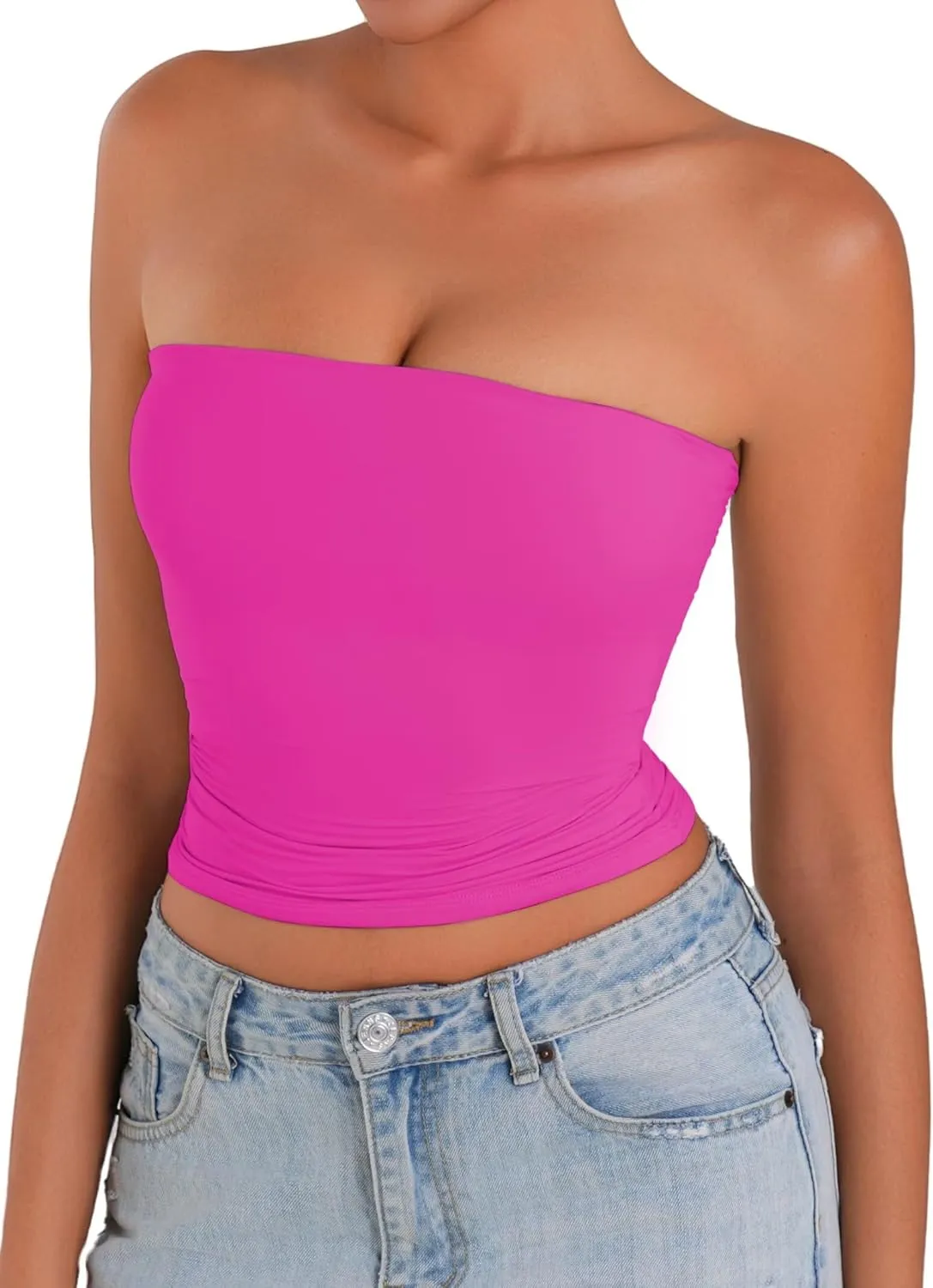 Sunzel Womens Strapless Sexy Tube Top Double Lined Sleeveless Crop Top Summer Basic Bandeau Tops for Layering or Going Out