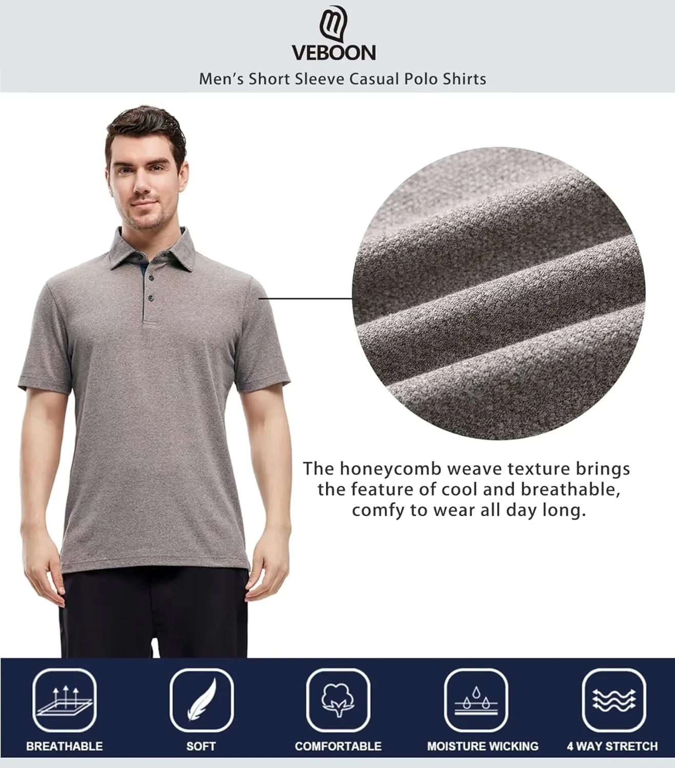 VEBOON Men's Polo Shirts Long and Short Sleeve Cotton Blend Heather Moisture Wicking Casual Collared Shirts