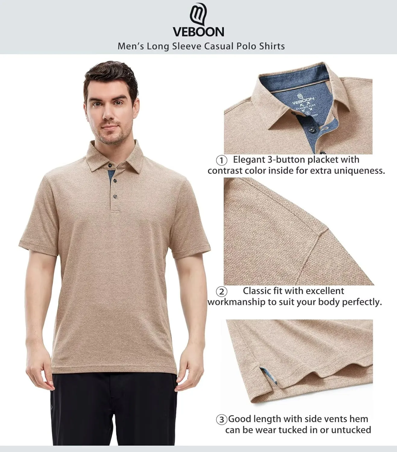 VEBOON Men's Polo Shirts Long and Short Sleeve Cotton Blend Heather Moisture Wicking Casual Collared Shirts