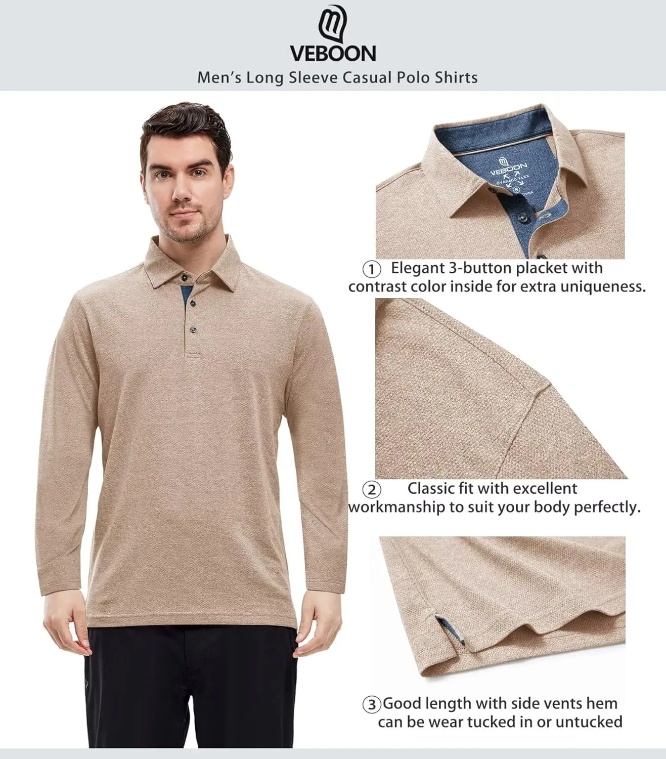 VEBOON Men's Polo Shirts Long and Short Sleeve Cotton Blend Heather Moisture Wicking Casual Collared Shirts