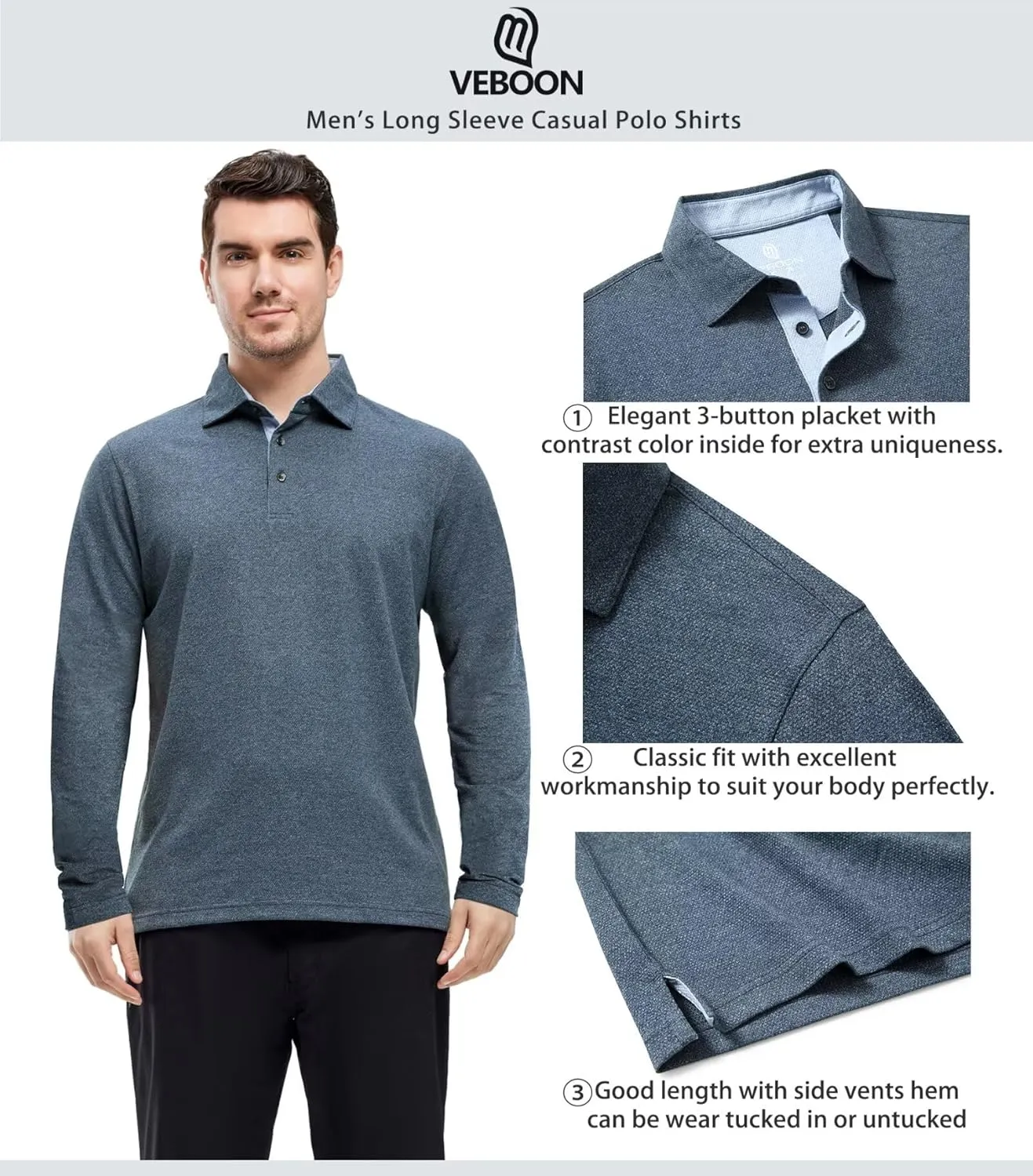 VEBOON Men's Polo Shirts Long and Short Sleeve Cotton Blend Heather Moisture Wicking Casual Collared Shirts
