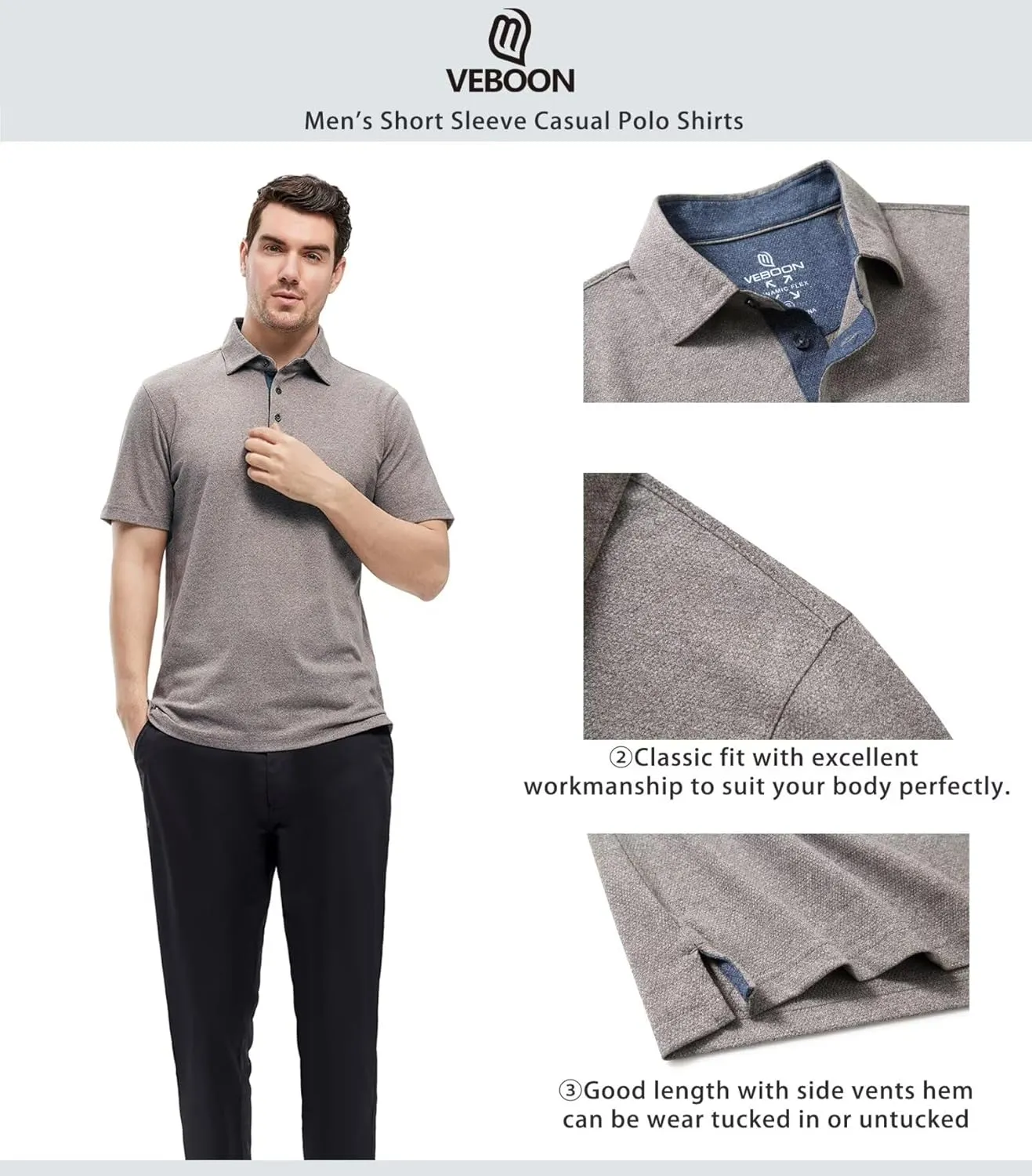 VEBOON Men's Polo Shirts Long and Short Sleeve Cotton Blend Heather Moisture Wicking Casual Collared Shirts