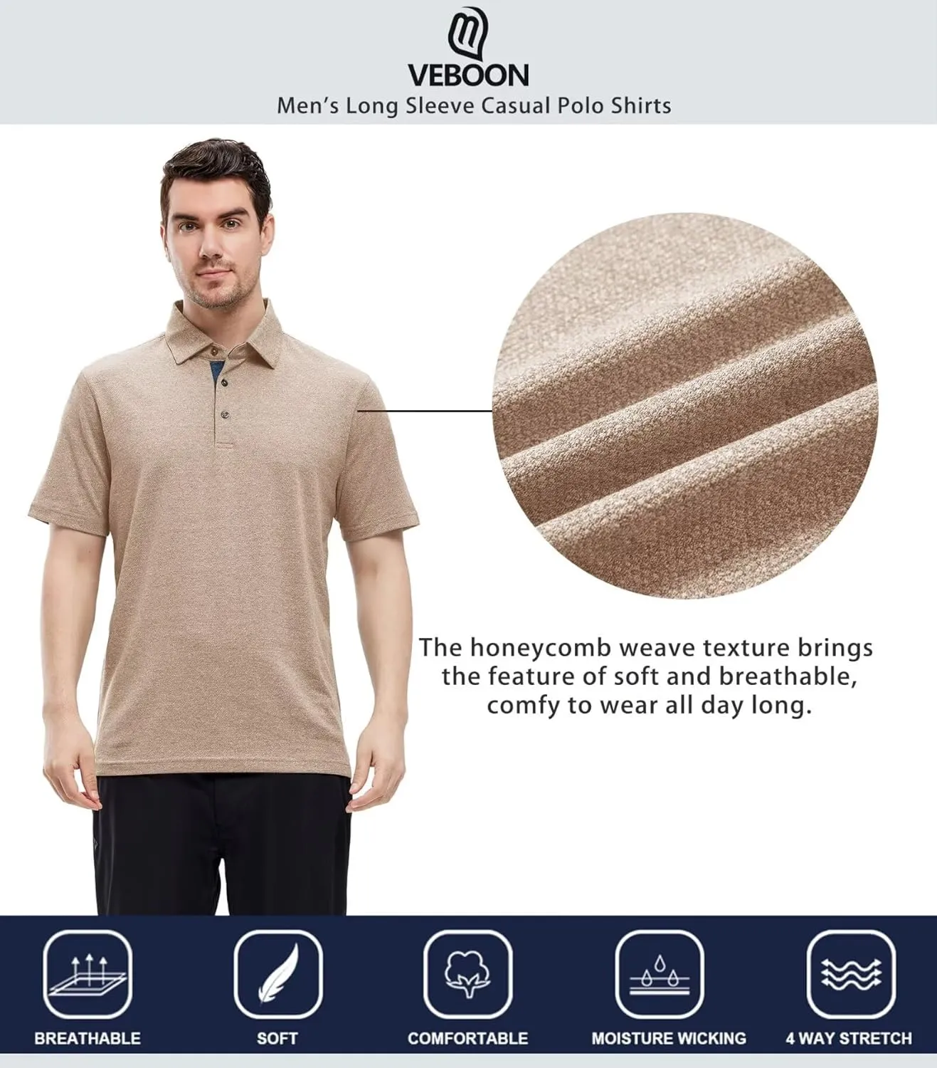 VEBOON Men's Polo Shirts Long and Short Sleeve Cotton Blend Heather Moisture Wicking Casual Collared Shirts